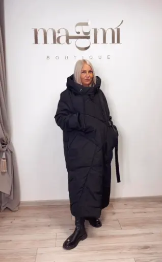 Ilgas juodas eko pūko paltas 4727